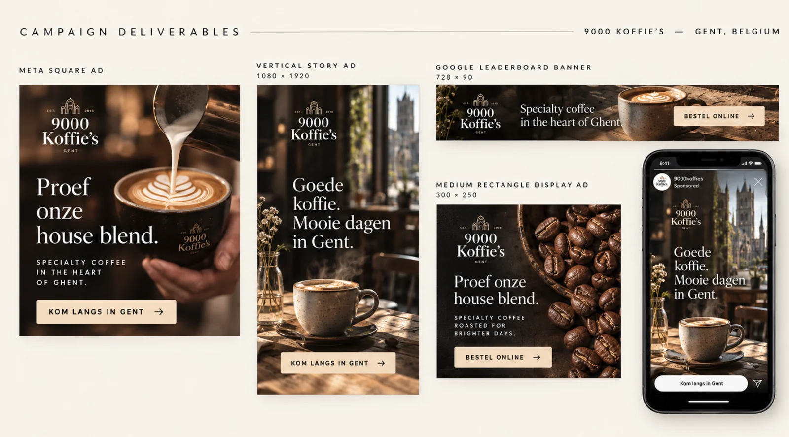 Fictional campaign concept 9000 Koffie’s — fictional campaign concept, Meta and Google ad visuals