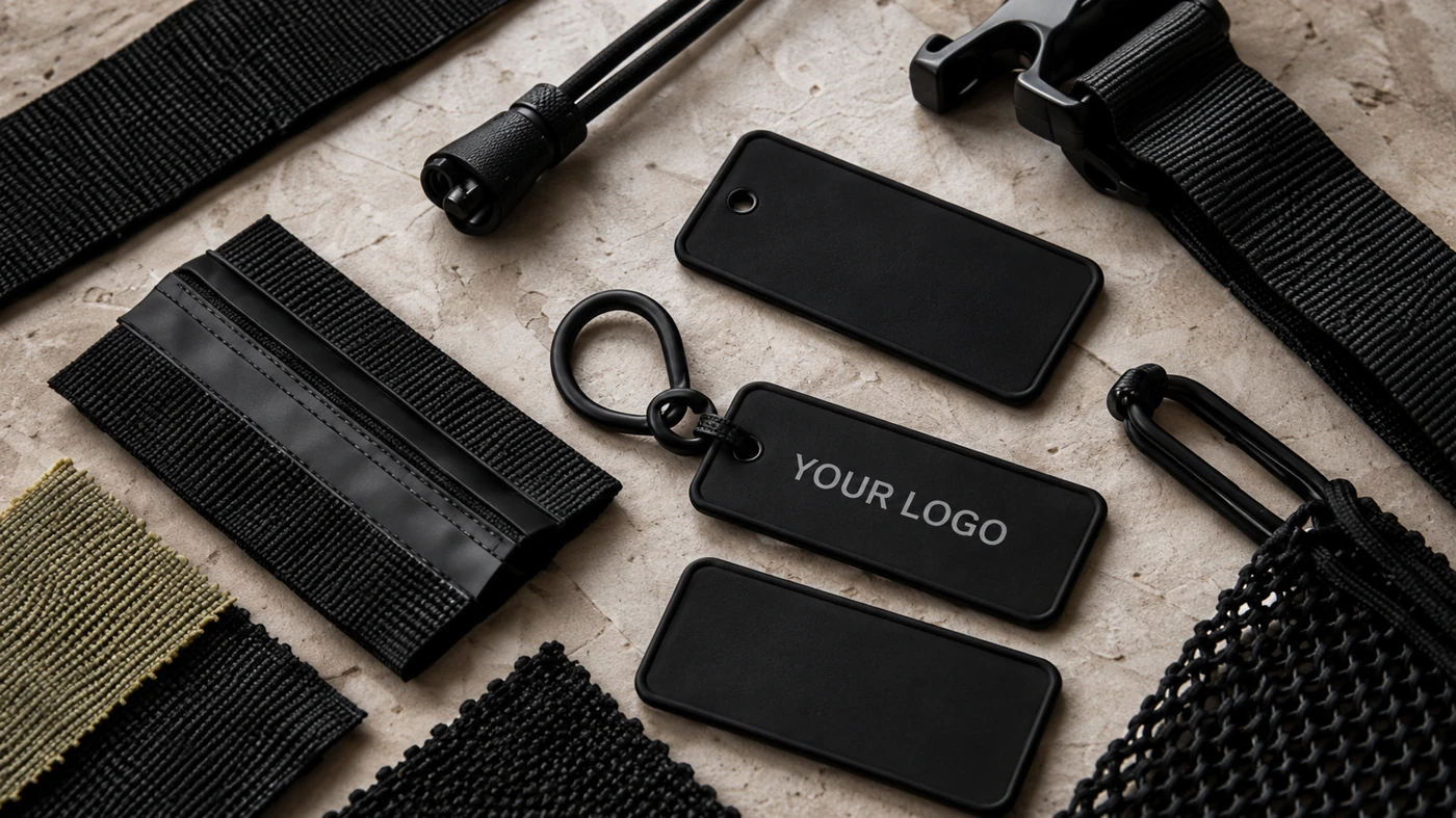 Materialen, banden, gespen en drie sleutelhangers, één met YOUR LOGO